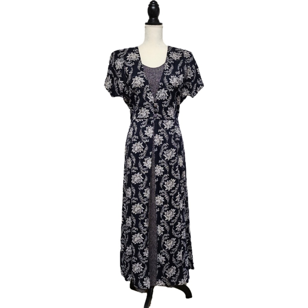 Vtg 80s S. Roberts Navy Floral‎ Tie-Back Maxi Dress Size 9/10 Retro Feminine